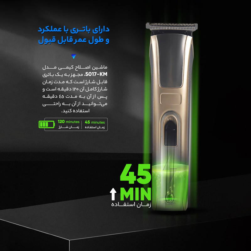 ماشین اصلاح سر و صورت کیمی مدل KM-5017، منبع انرژی باتری قابل شارژ، تکنولوژی اصلاح به صورت برش مستقیم، اندازه اصلاح 0.5 میلیمتری، مدت زمان شارژ 120 دقیقه و مدت زمان استفاده پس از شارژ 45 دقیقه، به همراه 4 عدد شانه، روغن، قابل شستشو، ضد حساسیت