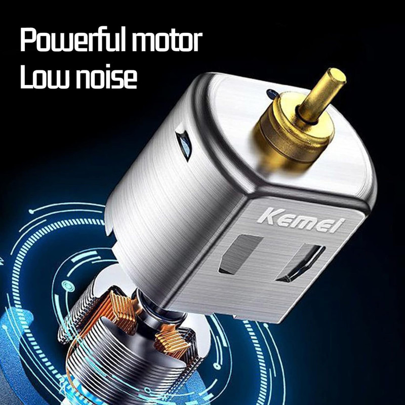 ماشین اصلاح موی صورت کیمی مدل KM-2299+5Vadapter، اصلاح به صورت خط زن، منبع انرژی باتری قابل شارژ، تکنولوژی اصلاح به صورت برش مستقیم، مدت زمان شارژ 180 دقیقه و مدت زمان استفاده پس از شارژ 180 دقیقه، به همراه آداپتور، برس تمیزکننده، روغن، 3 عدد شانه