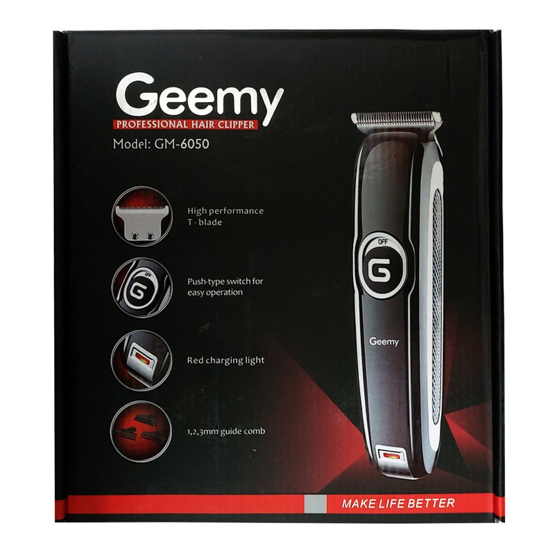 ماشین اصلاح موی سر و صورت جیمی مدل GM-6050، نمایشگر وضعیت باتری، منبع انرژی با برق، تکنولوژی اصلاح به صورت برش مستقیم، اندازه اصلاح 0.1 میلیمتر، بههمراه روغن، برس تمیزکننده