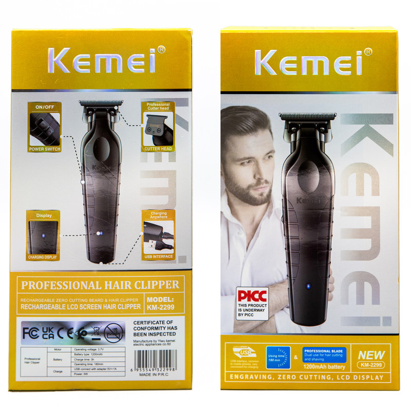 ماشین اصلاح موی صورت کیمی مدل KM-2299، اصلاح به صورت خط زن، طراحی ارگونومیک، نمایشگر LCD، منبع انرژی با باتری قابل شارژ، تکنولوژی اصلاح به صورت تریم، بههمراه کابل شارژ USB، برس، روغن