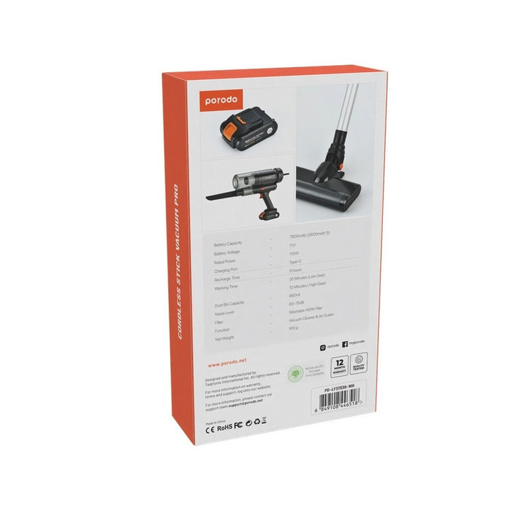 جارو شارژی عصایی پرودو مدل PD-LFST030-BK با موتور براشلس 110 وات، قدرت مکش 12000 پاسکال، ظرفیت مخزن 680 میلیلیتر، باتری 7800 میلیآمپر ساعت با زمان شارژ 5 ساعت و فیلتر HEPA قابل شستشو